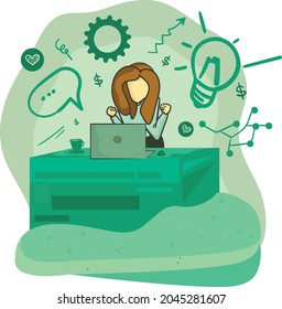 Niña con expresión feliz frente a su computadora. trabajador de éxito. Ilustración vectorial de concepto abstracto de actividad de oficina