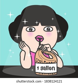 Girl With Happy Eyes Drinking A Gallon Of Bubble Milk Tea Concept Card Character illustration