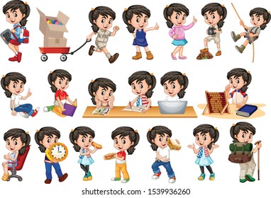 Girl with happy face in different actions illustration