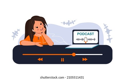 Girl With Happy Face Listen Podcast Or Music. Soundtrack Recording On Computer. Child With Headphones Learn By Listening Audio. Modern System Education For Kids In The Internet. Vector Illustration