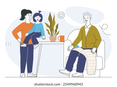 Girl with happy grandfather. Mother with her daughter in her arms stands near grandpa on armchair. Elderly man spends time with granddaughter. Linear vector illustration isolated on white background