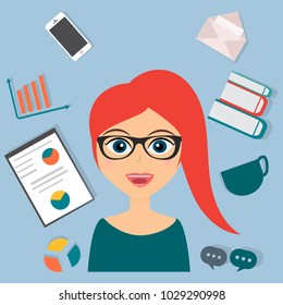 The girl is happy with her work. Office work. The concept of planning and time management for effective, successful and profitable business. Multitasking. Vector illustration.