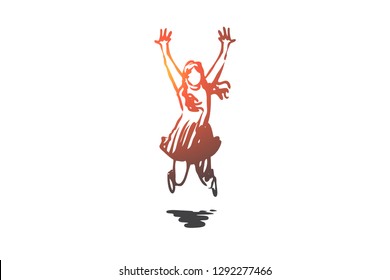 Girl, happy, jump, childhood, joy concept. Hand drawn happy girl jumping concept sketch. Isolated vector illustration.