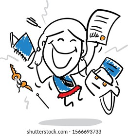 Girl happy jumping. Office worker. Girl hand drawn doodle line art cartoon design character - isolated vector illustration outline of woman. Finish work day and go rest