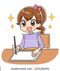 A girl is happy to operate the tablet terminal. She uses a stylus pen.