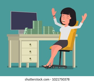 The girl is happy with a pile of money. Vector illustration. Suitable for animation (individual segments)