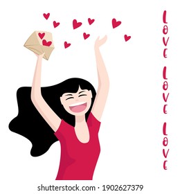 The girl is happy to receive a letter from a loved one. Festive poster for Valentine's Day. Vector illustration.