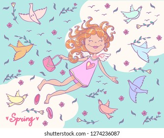 girl happy spring, flies in the clouds among birds
