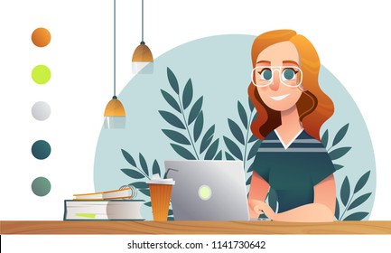 Girl Happy Study Notebook. Sketch School And University Vector Character In Minimalist Interior On White Backdrop. Cartoon Character Teenage Design.