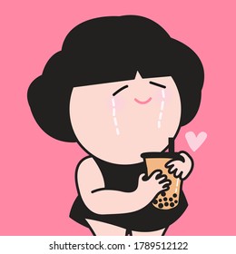 Girl Is Happy With Tears Of Joy When Having Her Favourite Bubble Milk Tea In Hands Concept Card Character illustration