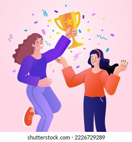 Girl happy with victory of her friend. Happy group of young people. woman  congratulate friend. happy cute kid girl happy receive the 1st award. gold trophy. vector design illustrations.