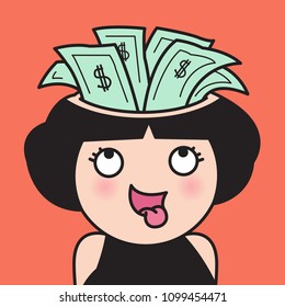 Girl Is Happy When Looking Up Seeing Money In Her Brain Concept Card Character illustration
