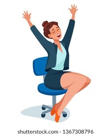 girl is happy at work, she sits, turns on the office chair with her hands up. woman got a job, promotion, recognition, salary increase.