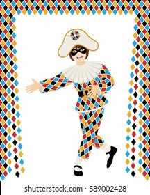 Girl with Harlequin costume bows on white background with curtain