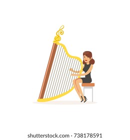 Girl harpist performing musical composition