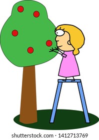 The girl is harvesting in the garden. A tree with ripe fruits. Illustration of red fruit on the tree. 