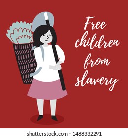 The Girl Is Harvesting. The Slave Trade Of Children. Child Abuse. Editable Vector Illustration