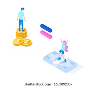 Das Mädchen hat die Gleichheit zwischen den Geschlechtern erreicht und kann jetzt ein gleiches Gehalt wie Männer erhalten. Lohngleichheit zwischen den Geschlechtern. Vektorillustration isometrische Abbildung auf weißem Hintergrund.