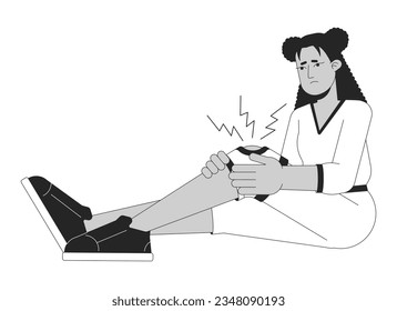 Girl has bandage on knee flat line black white vector character. Editable outline full body traumed woman touching knee on white. Simple cartoon isolated spot illustration for web graphic design