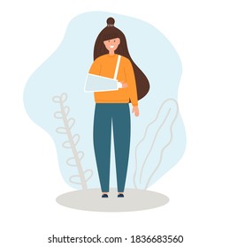 Girl has a broken right arm, cast, injury, health care. Woman has a fracture. Flat illustration.