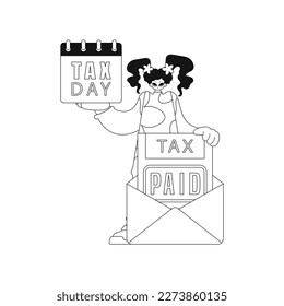 Girl has a calendar and letter with a tax notification in her hands. Linear illustration in vector style.