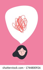 The girl has confused thoughts (chaos). Flat vector illustration.
