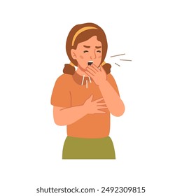 Girl has cough, coughing in hand person flat vector illustration. Sick symptoms feeling unwell. Child having flu, coughing person with running nose. Young woman with headache having bad cold