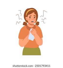 Girl has cough, sick symptoms feeling unwell. Child flu cold symptoms, ill person with running nose, coronavirus. Kid with napkin in hands, lady with headache, seasonal flu vector illustration