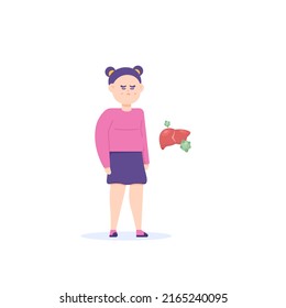 a girl has a disease or problem with the liver. hepatitis or virus infection. internal health problems. gloomy or unhappy facial expression. cartoon character illustration. vector design