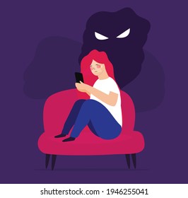 Girl has FOMO symptoms (fear of missing out) and can't sleep. Young woman feeling loneliness, worried and insecure with a dark shadow behind her. Mental disorders, phobia Concept. Vector illustration.