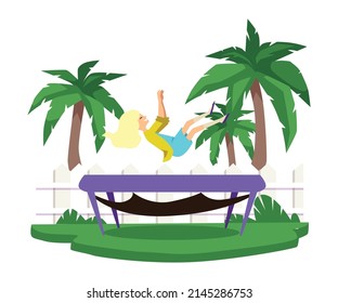 Girl has fun jumping on trampoline on the beach, flat vector illustration on white background. Sports and entertainment attraction with trampolining.