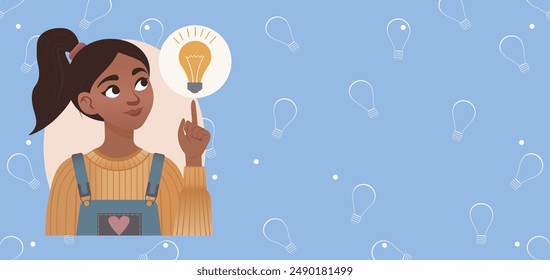 girl has an idea, creative banner, girl has a concept, woman pointing finger up, having an idea and looking inspired with a brilliant idea, mind map, problem solving, brainstorming and finding a solut