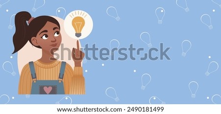 girl has an idea, creative banner, girl has a concept, woman pointing finger up, having an idea and looking inspired with a brilliant idea, mind map, problem solving, brainstorming and finding a solut