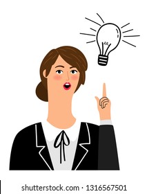 Girl has idea. Funny cartoon office girl creative pointing up vector illustration, business woman eureka thinking isolated on white background