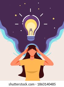 The girl has an insight (idea). Flat vector illustration. Cartoon character of a woman who invented the idea, bright light bulb , woman is thinking