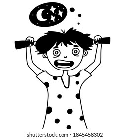 The girl has insomnia. Tired woman wants to sleep. Black and white vector illustration