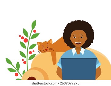 The girl has a laptop.  The cat is lying on a chair. african-american woman. Vector illustration in flat style