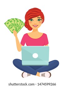 The girl has a laptop on her lap and she holds banknotes in her hand. Earnings on the Internet. Work, education and entertainment via the Internet. The girl with the red hair. Flat style on white back