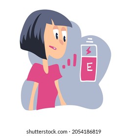 The girl has less energy for work. Woman with battery power. The employee has not had enough rest. Incomplete charge of human energy. Illustration in a flat style