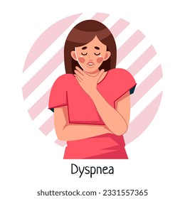 The girl has lung problems. Dyspnea. A symptom of asthma in a woman suffering from dyspnea. Vector medical illustration in cartoon style, isolated on a white background