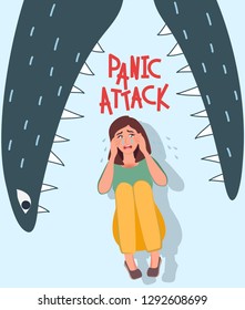 The girl has a panic attack, she cries with fear, feels anxiety, pain in the head and body. Image of a monster in the form of disease. Vector illustration of people svg