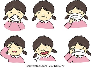 A girl has pollen allergy or cold. Some illness. fever, cough, sneeze, itchy eyes and running nose.