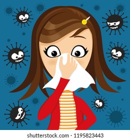 Girl has runny nose and viruses around on a blue background.