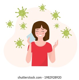 The girl has seasonal allergies. The girl sneezes. Pollen of various plants or other invisible allergens flies in the air around her. Vector. Flat style illustration.