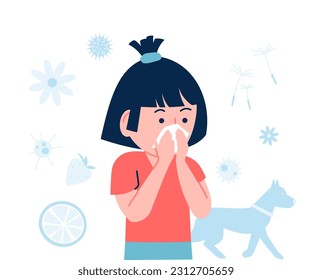 Girl has seasonal allergy or cold. Spring summer sneeze, asthma on pollen. Allergic person and allergens, pet, flowers and food, recent vector concept