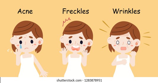 The girl has skin problems about acne freckles and wrinkles