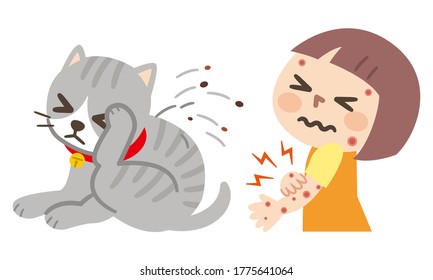 Girl Has Skin Rash From Cat Flea Cartoon Vector