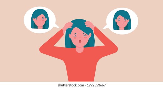 The girl has a split personality. Bipolar mental disorder. Different mood. Psychology. Dual personality concept. Vector illustration