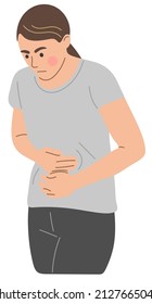 The girl has a stomach ache.Flat vector illustration.