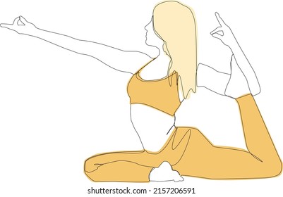 The girl has stretched her arm forward and is holding her leg with her hand in a yoga asana. Drawing with one line on a white background.